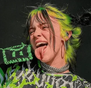 💚 Billie Eilish musicista, cantante, celebrità, ritratto, capelli verdi, lingua telegram sticker