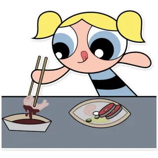 🤤 Bubbles Powerpuff Girls Cartone animato, Cibo, Bacchette, Mangiare, Anime telegram sticker