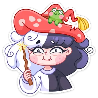 🔮 strega, magia, carino, cartone animato, fantasy, rana, fungo, illustrazione telegram sticker