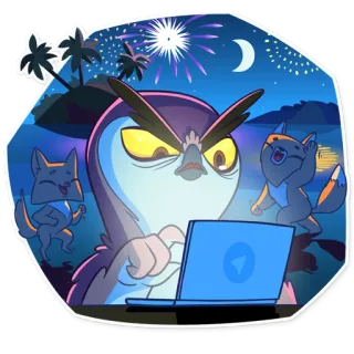 😕 burung hantu, rubah, laptop, malam, pantai, bulan, kembang api telegram sticker