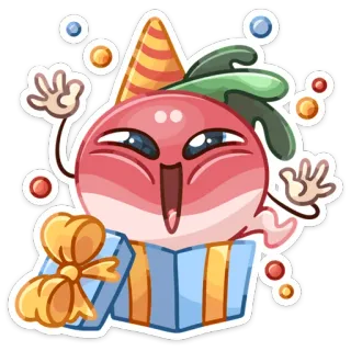 🎁 radis, fête, joyeux, célébration, cadeau, dessin animé, mignon, amusant whatsapp sticker