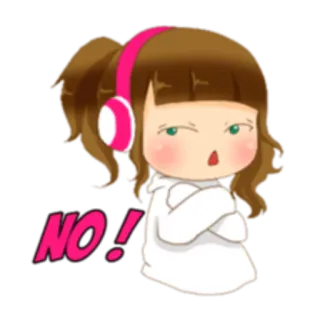 😒 NO! dessin animé, fille, casque, non, mignon, expression, rejet telegram sticker