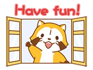 ✈ Have fun! tanuki, cane procione, finestra, cartone animato, divertente, felice, saluto telegram sticker