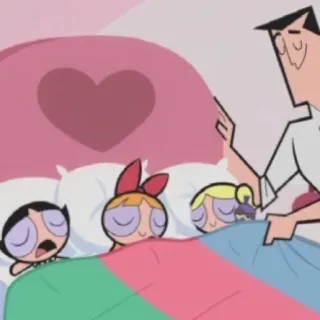 😴 Blossom, Bubbles, Buttercup, Professor Utonium The Powerpuff Girls cartoni animati, ora della nanna, ragazze, professore, Powerpuff Girls, famiglia, dormire telegram sticker