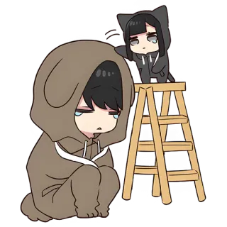 😢 Anime, Chibi, Sedih, Imut, Tangga, Hoodie, Telinga Binatang, Kartun telegram sticker