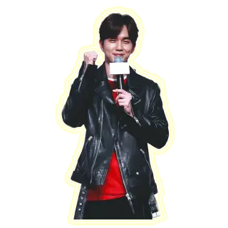 ✊️ man, leather jacket, microphone, red shirt, smile, Asian telegram sticker