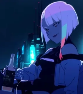 😏 Lucy Kushinada Cyberpunk: Edgerunners อนิเมะ, ไซเบอร์พังก์, เครื่องดื่ม, แอลกอฮอล์, ลูซี่, ผู้หญิง telegram sticker