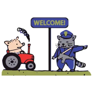 👌 WELCOME! Cartoon, Tier, Katze, Traktor, Willkommen, Gruß, Grenzwächter telegram sticker