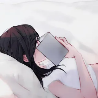 🥢 anime, girl, reading, book, bed, pillow, lying down, digital art telegram sticker
