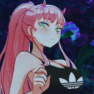 🙁 Zero Two Darling in the Franxx 애니메이션, 제로투, 달링 인 더 프랑키스, 분홍 머리, 뿔, 캐릭터 telegram sticker