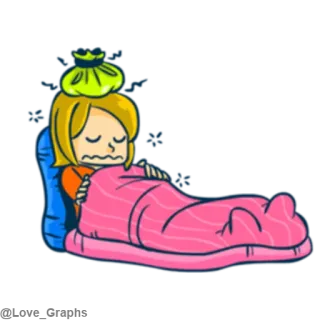 🤕 sick, illness, cartoon, bed, ice pack telegram sticker
