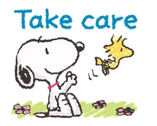 👋 Snoopy Take care dessin animé, chien, oiseau, amical, cacahuètes telegram sticker