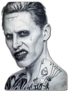 😕 Joker Suicide Squad Damaged, HA... HA... HA Joker, Suicide Squad, villain, DC Comics, tattoo, character telegram sticker