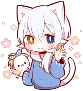 👋 Чиби, Котомальчик, милый, каваий, аниме, манга, звериные ушки, питомец telegram sticker