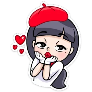 👩‍🦰 мультфильм, женщина, берет, сердечки, любовь, милый, кокетливый telegram sticker