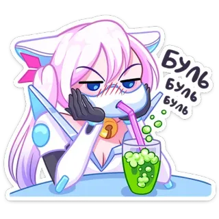 ⭐ Буль буль буль Dziewczyna anime, Kocie uszy, Pijący, Znudzony, Sztuka cyfrowa, Bańka, Zielona ciecz telegram sticker