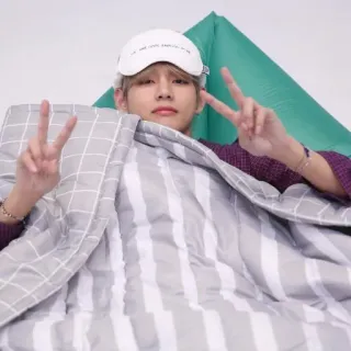 🎄 peace, sleepy, blanket, peace sign, sleep mask, man, indoors telegram sticker