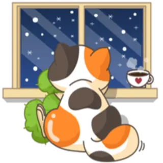 ☕ 猫, 窗户, 冬天, 雪, 咖啡, 可爱 whatsapp sticker
