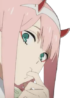 😏 Zero Two Darling in the Franxx Anime, Mädchen, Zero Two, pinke Haare, Hörner, Darling in the Franxx telegram sticker