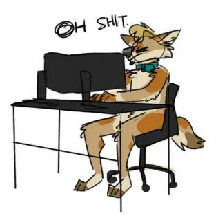 🖥 OH SHIT. animal, anthropomorphic, cartoon, computer, desk, swear word, frustrated telegram sticker