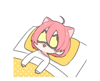 😴 мультфильм, спящий, кошачьи ушки, милый, маска для сна, кровать, желтый, розовые волосы telegram sticker
