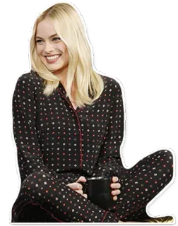 🥛 Margot Robbie femme, blonde, souriante, actrice, assise, pyjama whatsapp sticker