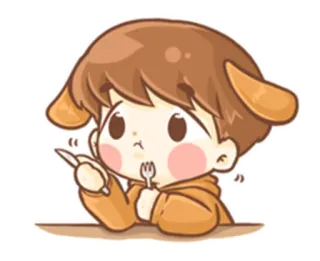 😗 cartoon, eating, fork, knife, cute, boy, illustration, dog ears telegram sticker