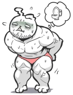 🚽 Cartoon, schwitzig, Muskel, Toilette, denkend, erschöpft whatsapp sticker