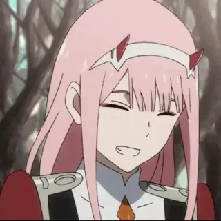 😄 Zero Two Darling in the Franxx Anime, Zero Two, Darling in the Franxx, rambut pink, senyum telegram sticker
