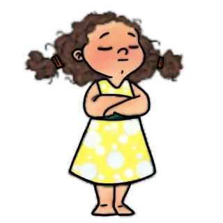 😑 fille, dessin animé, enfant, bras croisés, robe, cheveux bouclés, jaune telegram sticker