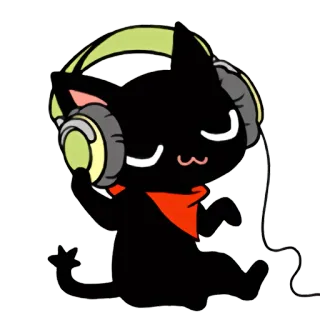 😌 แมว, สัตว์, หูฟัง, เพลง, การ์ตูน, คาวาอิ, น่ารัก, แมวดำ telegram sticker