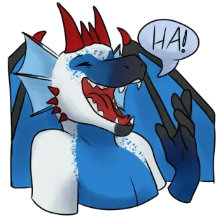 😄 HA! dragón, risa, feliz, dibujo animado, azul, rojo, fantasía, criatura whatsapp sticker