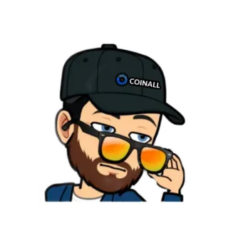 😎 COINALL hombre, gafas de sol, barba, gorra, dibujos animados, avatar, finanzas, cripto, moneda whatsapp sticker