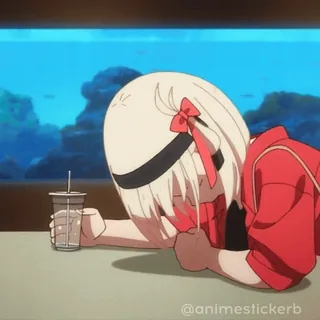 👈 @animestickerb Anime, Naklejka, Dziewczyna, Słodkie, Czerwony, Kokarda, Zmęczona, Napój whatsapp sticker