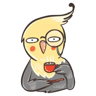🎩 calopsitta, uccello, monocolo, tè, cartone animato, carino, divertente telegram sticker