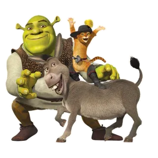 👩‍👩‍👧‍👧 Shrek, Donkey, Puss in Boots Shrek анимированный, мультфильм, сказка, огр, говорящее животное, комедия telegram sticker