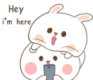 😍 Hey I'm here cute, bunny, rabbit, greeting, cartoon, animals, mobile phone telegram sticker