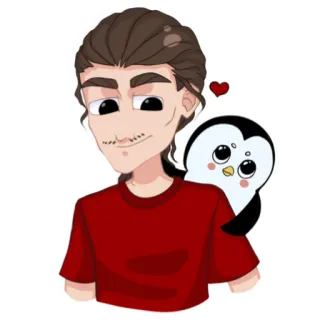 🐧 dibujos animados, pingüino, hombre, camiseta roja, corazón whatsapp sticker