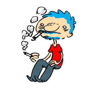 😟 palenie, kreskówka, papieros, postać, tytoń, niebieskie włosy, czerwona koszula, ilustracja telegram sticker