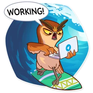 🏄 WORKING! burung hantu, selancar, kerja, laptop, kartun, gelombang, telegram telegram sticker