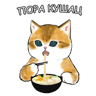 🍕 ПОРА КУШАЦ 猫, 吃, 面条, 可爱, 筷子, 碗, 饿 whatsapp sticker