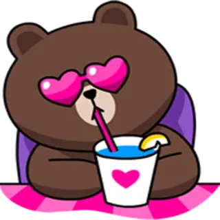 💕 Brown Bear oso, dibujos animados, lindo, gafas de sol, bebida, Line Friends, kawaii whatsapp sticker