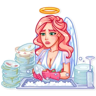 😓 angel, washing dishes, dishes, cleaning, sad, cartoon, halo telegram sticker