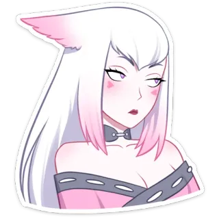 😦 anime, woman, pink, white hair, cat ears telegram sticker