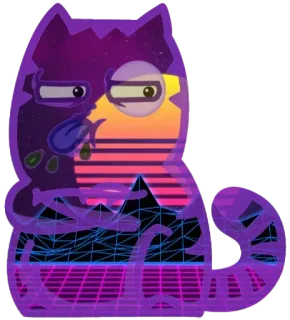 😜 고양이, vaporwave, 레트로, 신스웨이브, 보라색, 일몰, 80년대 telegram sticker