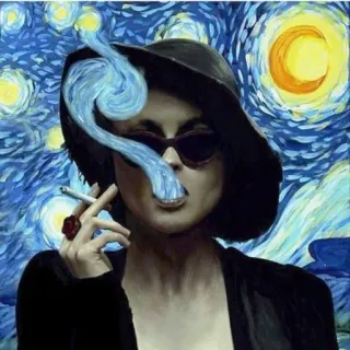 👂 rauchen, zigarette, frau, hut, sonnenbrille, porträt telegram sticker