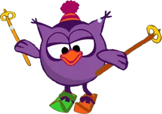 🦉 フクロウ, 漫画, 紫, スキー, 冬, 雪 telegram sticker