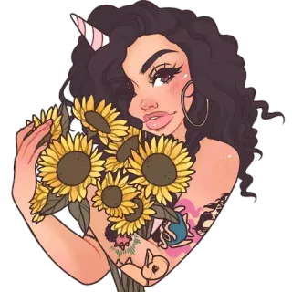 🌻 donna, unicorno, girasoli, capelli ricci, fantasy, adesivo, cartone animato, illustrazione telegram sticker