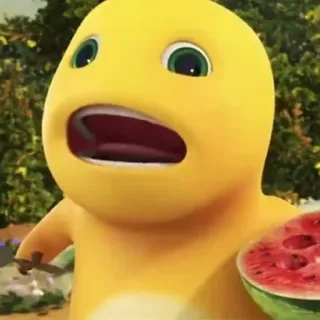 🦖 26d50e2c ไดโนเสาร์, สีเหลือง, การ์ตูน, แตงโม telegram sticker