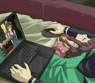 😐 db335d33 ノートパソコン, アニメ, 人, ソファ, 鑑賞 whatsapp sticker